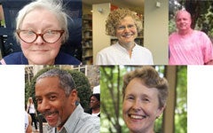 Montage of Library retirees: (Top from left) Deb Critzer, Jill Hollingsworth, Bill Olsen, (Bottom from left) Gene Law, Sandra Hussey.