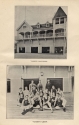 A page from the Georgetown College Journal showing two photos, on of the exterior of the varsity boathouse, a two story building with four large garage doors on the ground floor and a wrap around balcony on the second floor, the second of the varsity crew team, posed in three rows in front of the boathouse in their uniforms