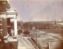 A photo looking east of campus taken from Gervase, showing the balconies of Ryan Hall on the left with a baseball field and handball courts on the right where Lauinger Library now stands