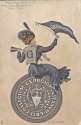 A postcard featuring an illustration in colored ink of a woman wearing Georgetown fan attire and sitting atop the Georgetown seal. The top of the postcard has the typewritten words, "Hoya, hoya, saxa! Hoya, hoya, Georgetown! Hoya! Hoya!" in blue ink.
