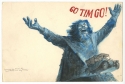Illustrations from a book dummy for Go Tim Go! By May McNeer, showing a giant man with his arms outstretched and a car shooting off a cliff