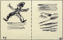 Storyboard sketches for The High-Flying Hat by Nanda and Lynd Ward, showing a person dancing on the left, and a rocket ship-like object shooting through the sky on the right