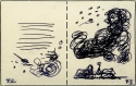 Storyboard sketches for The High-Flying Hat by Nanda and Lynd Ward, showing a set of parallel horizontal lines on teh left, and a large black cloud on the right