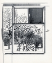 Christmas card, showing a winter scene with leafless trees through a window