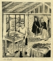 Illustration for The Man who was Thursday, showing a man dressed in a cape and an older man with a cane entering a room where a third man wearing sunglasses reads at a table