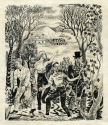 Illustration for The Man who was Thursday, showing four men entering a forest while a mob in the distance pursues them