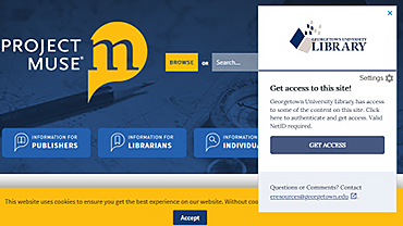 Homepage from Project Muse showing Georgetown's Lean Library pop-up box