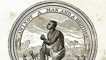 An enslaved man in chains on one knee, with the slogan Am I Not A Man And A Brother