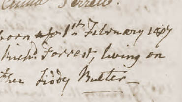Excerpt from a handwritten letter from February 1807, showing Liddy Butler's name