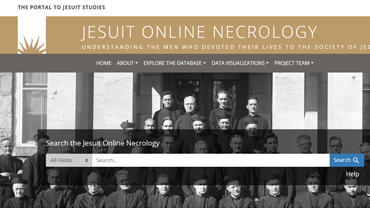 Home page of the Jesuit Online Necrology with a search bar and black and white image of Jesuits