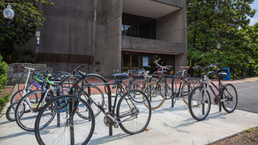 Front entrance of Lauinger Library with bikes in the foreground