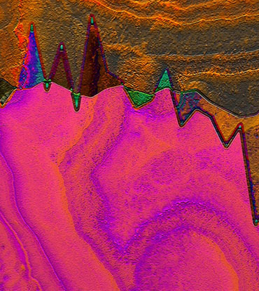 Detail from Arctic Sea Ice Extent 1979-2017, an abstract work showing the decrease in sea ice over time, rendered in pink and brown