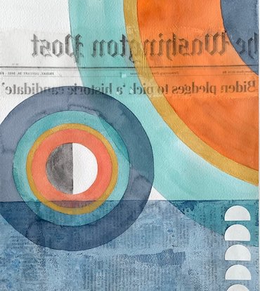 Artwork of watercolor and mixed media showing the front page of The Washington Post newspaper with circular images like a bullseye.