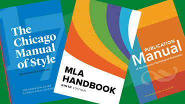 Covers of The Chicago Manual of Style, MLA Handbook, and Publication Manual of the American Psychological Association