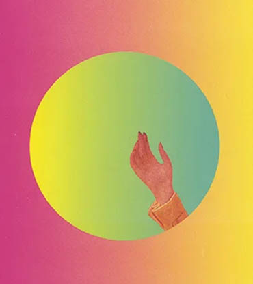 A raised hand in a yellow and green circle on a pink and yellow background