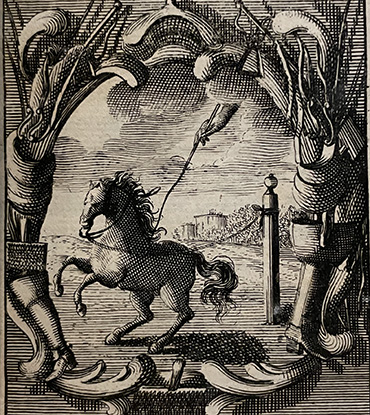 An engraving of a horse, with a disembodied hand above pointing with a wand touching the horse. 