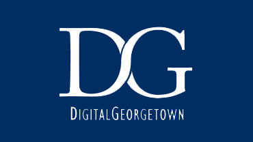 Logo for Digital Georgetown, which consists of an interlocking D and G, on a solid Georgetown blue background.