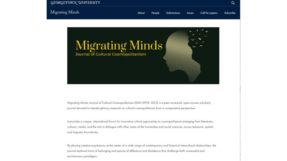 screenshot of the home page for the online journal Migrating Minds