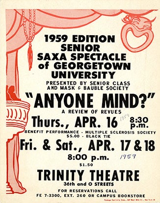 Promotional poster for the 1959 Senior Show "Anyone Mind?" The poster includes black text announcing the dates, times and location of the performances. The poster also includes an illustration in red of a theater box with drapings hanging from the ceiling.
