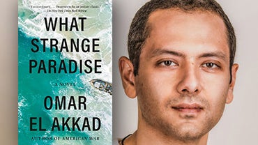 A headshot of the male Egyptian-Canadian novelist Omar El Akkad next to the cover of his novel, "What Strange Paradise."