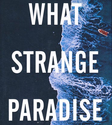 What Strange Paradise British dust jacket showing a small red boat on a blue sea