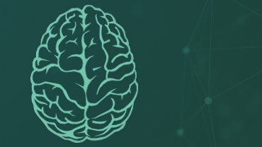 An drawing of a brain superimposed on a dark green background with vector shapes in the background.