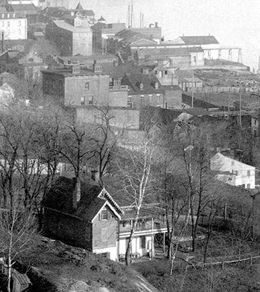 A black and white aerial view showing Prospect Cottage and the Georgetown waterfront circa 1890