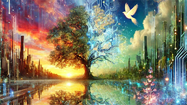 a vivid rainbow colored art piece depicting a tree amidst a cityscape