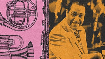 Juxtaposed images of a jazz musician with drawings of French horns.