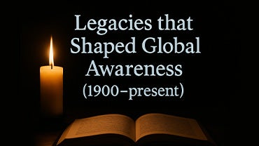 A book and candle in the dark, captioned: "Legacies that Shaped Global Awareness (1900 - present)"