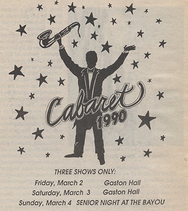 Black and white drawing of a man holding a saxophone aloft, with stars and the phrase "Cabaret 1990" superimposed