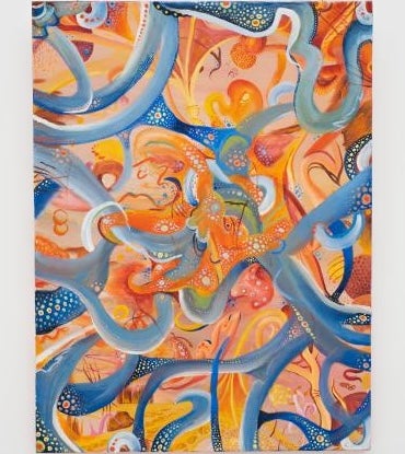 A painting of blue, orange, yellow, and pink abstract shapes and multicolored dots against a beige background.