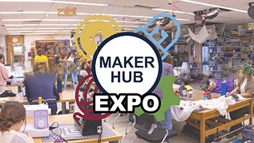 Students working on projests in the Maker Hub, with the Maker Hub logo and the text Maker Hub Expo