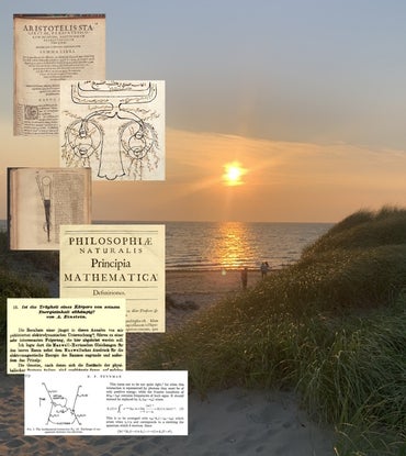 Sunset on a beach with light reflecting on the water. Images from historical scientific works to the right