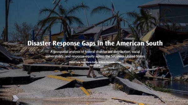 Aftermath of a hurricane with a collapsed house and fallen pal trees with the text Distaster Response Gaps in the American South