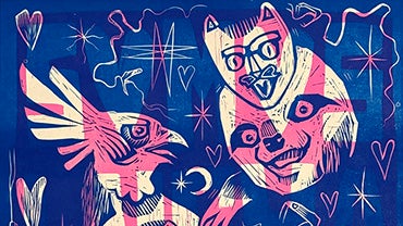 Detail from the poster Somos Lucha y Supervivencia by artist La Linterna, showing a tropical bird with a crest and panda bear-like face with a mask on a blue and pink background with stars and hearts