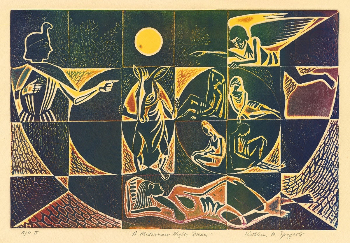 Etching with multi-level viscosity printing on paper depicting characters from the Shakesperian play "A Midsummer Night's Dream"