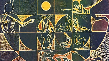 Detail from Kathleen Spagnolo's print of A Midsummer Night's Dream , showing a man in a headdress pointing to a donkey and four people sitting or reclining while an angel flies overhead