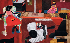 Mom in Harlem, showing a scene of a Black family at home, with four figures seated in the room but each separate, all rendered in a variety of textures.