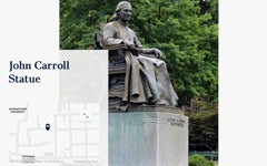 Statue of John Carroll, with a map showing its location on the Georgetown campus.