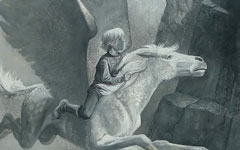 Illustration from The Silver Pony showing a boy riding a winged horse.