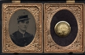 Tintype photograph of an unknown pre-Civil War Georgetown College Cadet and a cadet uniform button bearing the College Seal, ca. 1860