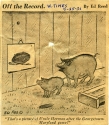 a newspaper clipping of a Football cartoon following the Georgetown vs Maryland game, Washington Times, 1936. the cartoon contains a photograph of a large pig and small pig inside of a barn with a picture or poster of a football hanging on the wall of the barn. the cartoon caption reads, "That's a picture of Uncle Herman after the Georgetown-Maryland game!" 