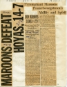 a newspaper clipping of an article with the headline, "maroons defeat hoyas, 14-7," and the title "triumphant maroons praise georgetown's ability and spirit." 
