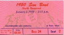 a Sun Bowl ticket stub from 1950. the ticket stub is pink and has red and blue printed text.