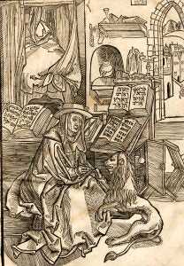 Albrecht Durer Woodcut of St. Jerome in his study removing a thorn from a lion's paw