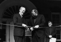 Former U.S. President Gerald Ford and Georgetown University President Timothy S. Healy, S.J., cut the ribbon at the rededication ceremony for the Old North Building, 1983