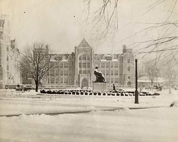 Campus blanketed with snow, 1943