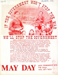 Red and white flyer for the May Day protest