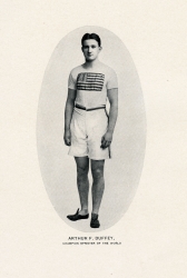Black and white photograph of Arthur Duffy wearing a U.S. track uniform